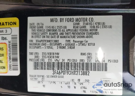 2017 Ford Fusion Se from USA, damaged, VIN 3FA6P0T93HR213882